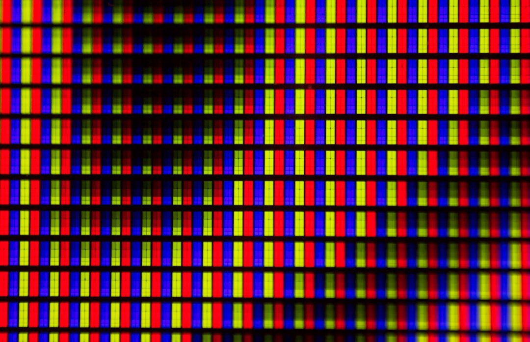 macro shot of OLED display subpixels in red, green, and blue